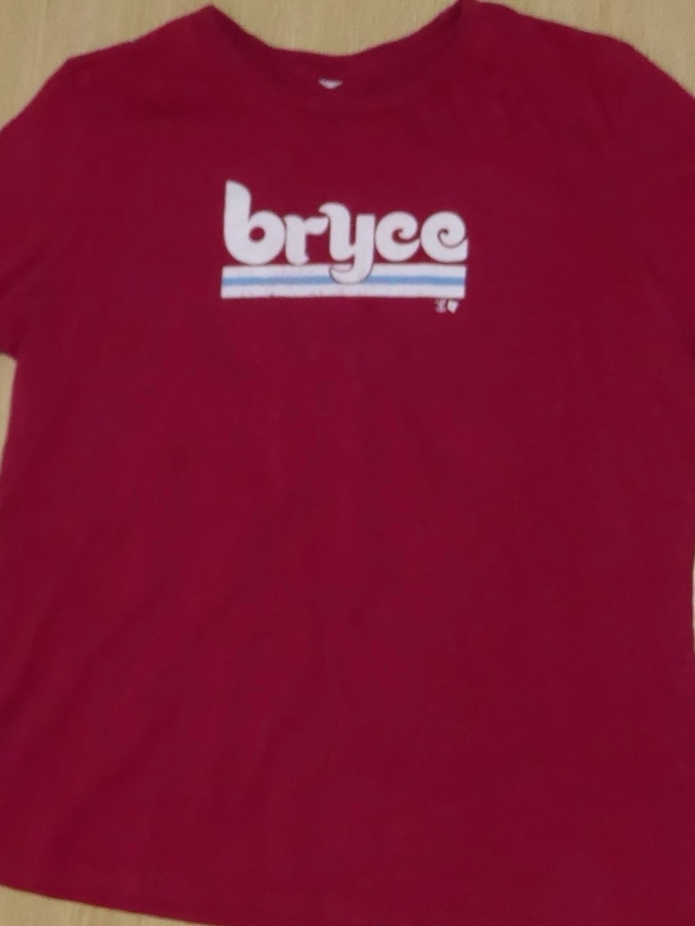 Phillies Bryce Harper T-Shirt Dark Red Retro Lettering Womens Cut M/L